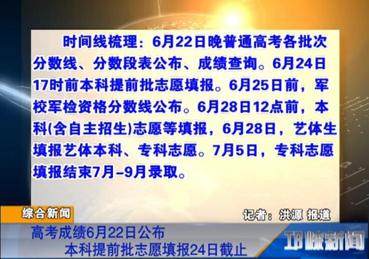 【20180611】高考成绩6月22日公布 本科提前批志愿填报24日截止